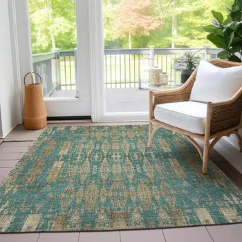 9' X 12' Teal Blue Taupe And Beige Moroccan Washable Indoor Outdoor Area Rug