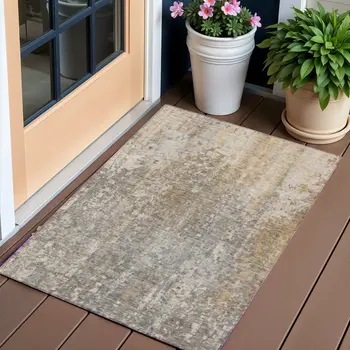 3' X 5' Beige Gray And Taupe Abstract Washable Indoor Outdoor Area Rug