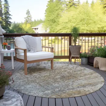 8' Beige Gray And Taupe Round Abstract Washable Indoor Outdoor Area Rug