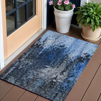 3' X 5' Navy Blue And Denim Blue Abstract Washable Indoor Outdoor Area Rug