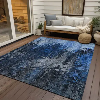 3' X 5' Navy Blue And Denim Blue Abstract Washable Indoor Outdoor Area Rug