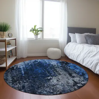 8' Navy Blue And Denim Blue Round Abstract Washable Indoor Outdoor Area Rug