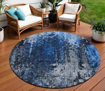 8' Navy Blue And Denim Blue Round Abstract Washable Indoor Outdoor Area Rug