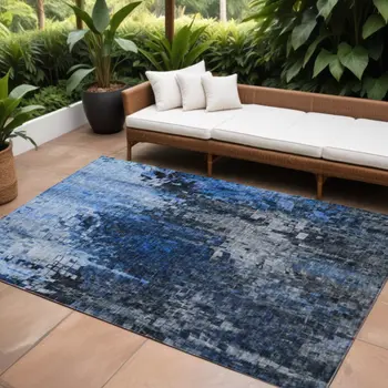 10' X 14' Navy Blue And Denim Blue Abstract Washable Indoor Outdoor Area Rug