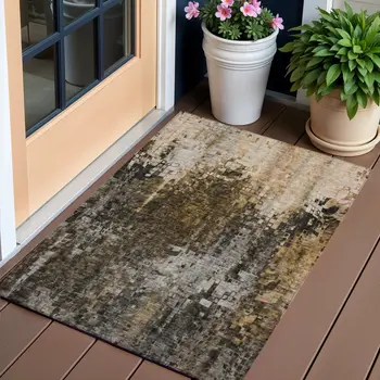 3' X 5' Brown And Copper Abstract Washable Indoor Outdoor Area Rug