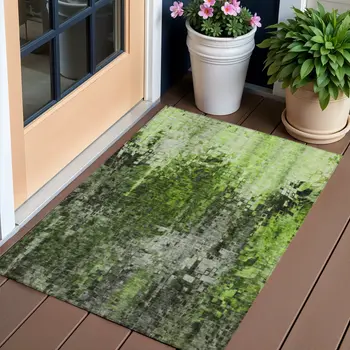 3' X 5' Green And Lime Green Abstract Washable Indoor Outdoor Area Rug