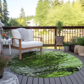 8' Green And Lime Green Round Abstract Washable Indoor Outdoor Area Rug