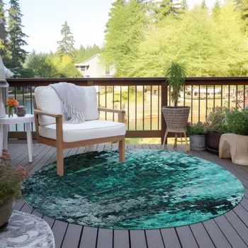 8' Teal Blue Aqua And Gray Round Abstract Washable Indoor Outdoor Area Rug