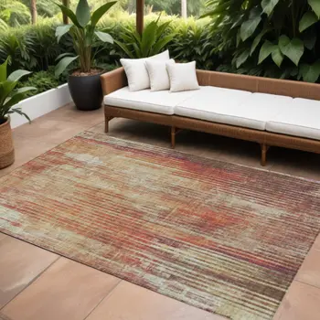 10' X 14' Orange Beige And Taupe Striped Washable Indoor Outdoor Area Rug