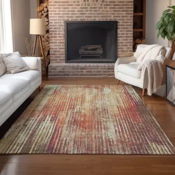 10' X 14' Orange Beige And Taupe Striped Washable Indoor Outdoor Area Rug