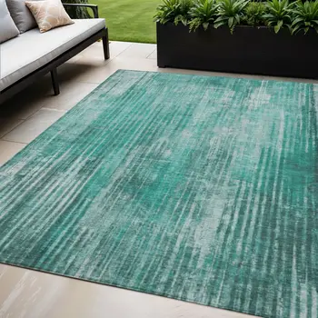 5' X 8' Teal Blue Aqua And Gray Striped Washable Indoor Outdoor Area Rug