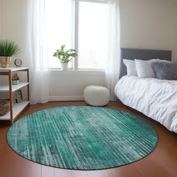 8' Teal Blue Aqua And Gray Round Striped Washable Indoor Outdoor Area Rug