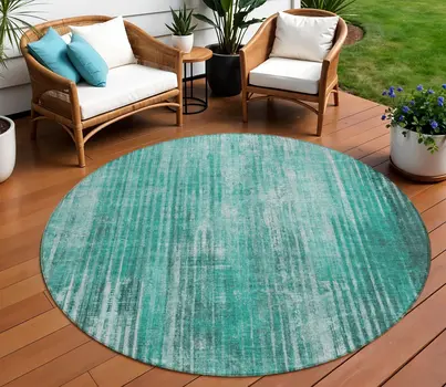 8' Teal Blue Aqua And Gray Round Striped Washable Indoor Outdoor Area Rug