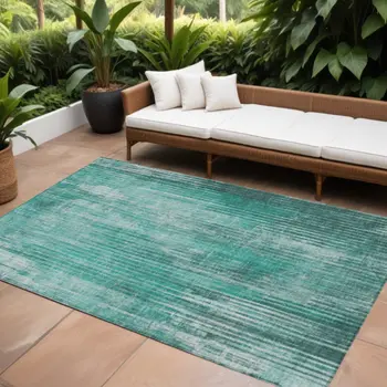 8' X 10' Teal Blue Aqua And Gray Striped Washable Indoor Outdoor Area Rug