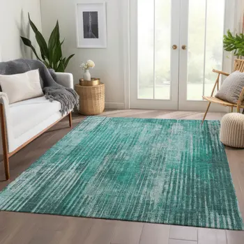 10' X 14' Teal Blue Aqua And Gray Striped Washable Indoor Outdoor Area Rug