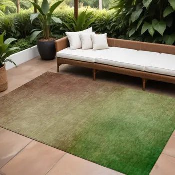 10' X 14' Blush Taupe And Green Ombre Washable Indoor Outdoor Area Rug