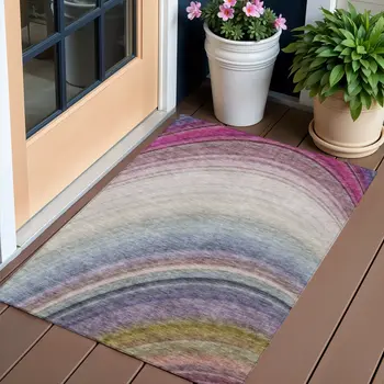 3' X 5' Beige Purple And Ivory Abstract Washable Indoor Outdoor Area Rug