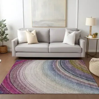 3' X 5' Beige Purple And Ivory Abstract Washable Indoor Outdoor Area Rug