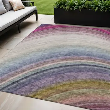 5' X 8' Beige Purple And Ivory Abstract Washable Indoor Outdoor Area Rug