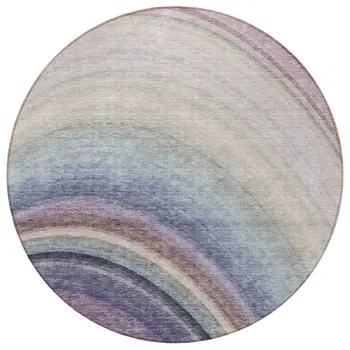 8' Beige Purple And Ivory Round Abstract Washable Indoor Outdoor Area Rug