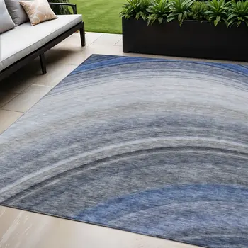 5' X 8' Denim Blue And Navy Blue Abstract Washable Indoor Outdoor Area Rug
