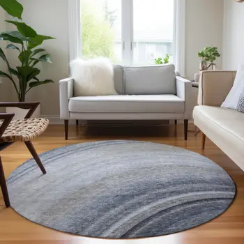 8' Denim Blue And Navy Blue Round Abstract Washable Indoor Outdoor Area Rug