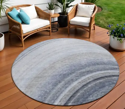 8' Denim Blue And Navy Blue Round Abstract Washable Indoor Outdoor Area Rug