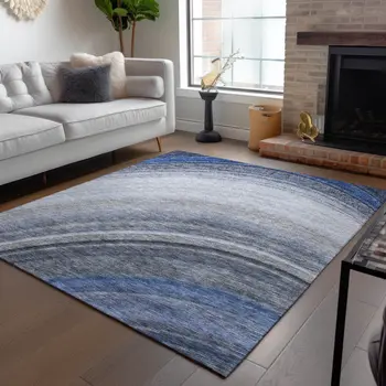 8' X 10' Denim Blue And Navy Blue Abstract Washable Indoor Outdoor Area Rug