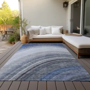 9' X 12' Denim Blue And Navy Blue Abstract Washable Indoor Outdoor Area Rug