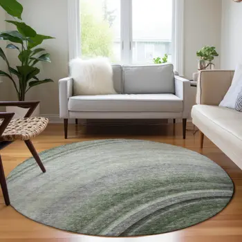 8' Green And Artichoke Green Round Abstract Washable Indoor Outdoor Area Rug