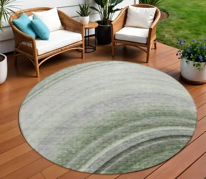 8' Green And Artichoke Green Round Abstract Washable Indoor Outdoor Area Rug