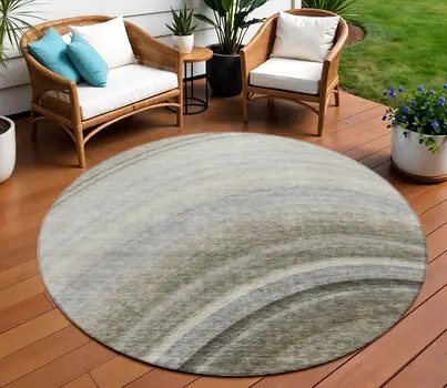 8' Taupe Gray And Ivory Round Abstract Washable Indoor Outdoor Area Rug
