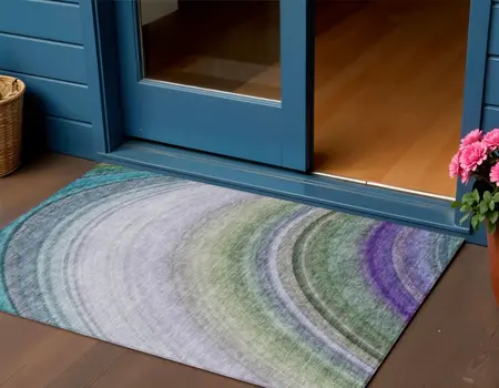 3' X 5' Teal Blue Artichoke Green And Green Abstract Washable Indoor Outdoor Area Rug