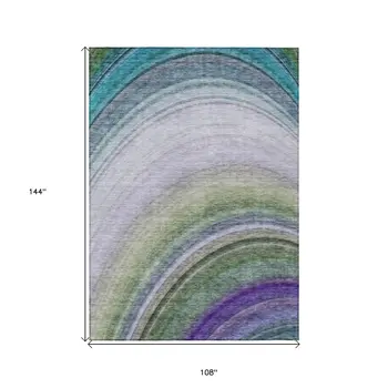 9' X 12' Teal Blue Artichoke Green And Green Abstract Washable Indoor Outdoor Area Rug