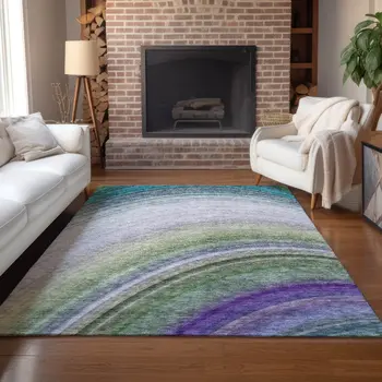 9' X 12' Teal Blue Artichoke Green And Green Abstract Washable Indoor Outdoor Area Rug