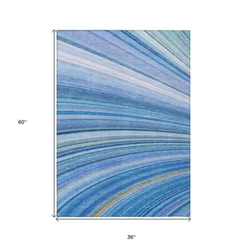 3' X 5' Denim Blue And Sky Blue Abstract Washable Indoor Outdoor Area Rug