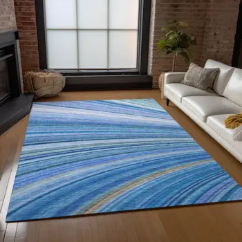 10' X 14' Denim Blue And Sky Blue Abstract Washable Indoor Outdoor Area Rug