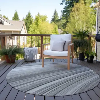 8' Gray Silver And Ivory Round Abstract Washable Indoor Outdoor Area Rug