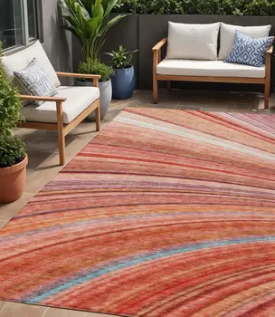 5' X 8' Terra Cotta Salmon And Orange Striped Washable Indoor Outdoor Area Rug