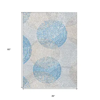 3' X 5' Ivory Blue And Taupe Polka Dot Washable Indoor Outdoor Area Rug