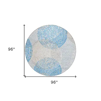 8' Ivory Blue And Taupe Round Polka Dot Washable Indoor Outdoor Area Rug