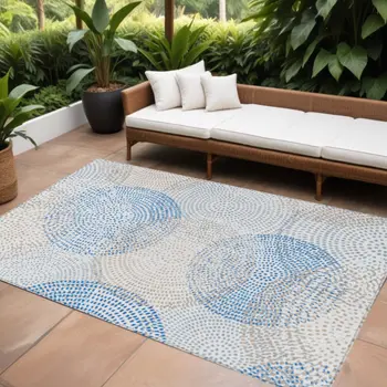 8' X 10' Ivory Blue And Taupe Polka Dot Washable Indoor Outdoor Area Rug