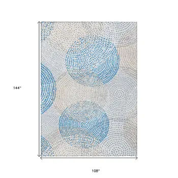 9' X 12' Ivory Blue And Taupe Polka Dot Washable Indoor Outdoor Area Rug