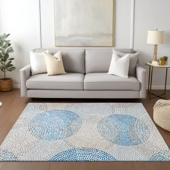 9' X 12' Ivory Blue And Taupe Polka Dot Washable Indoor Outdoor Area Rug