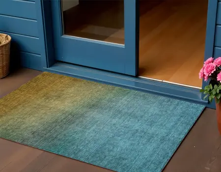 3' X 5' Brown Blue And Taupe Ombre Washable Indoor Outdoor Area Rug
