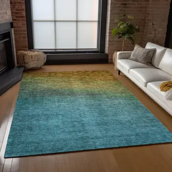 3' X 5' Brown Blue And Taupe Ombre Washable Indoor Outdoor Area Rug
