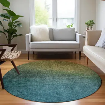 8' Brown Blue And Taupe Round Ombre Washable Indoor Outdoor Area Rug