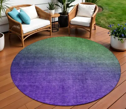 8' Green Purple And Charcoal Round Ombre Washable Indoor Outdoor Area Rug