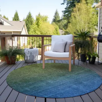 8' Olive Green Blue And Navy Blue Round Ombre Washable Indoor Outdoor Area Rug