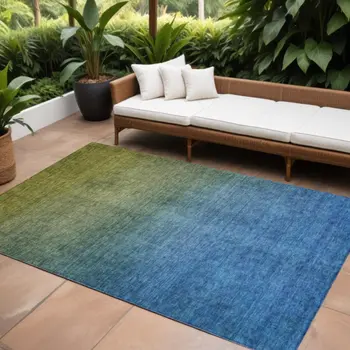 9' X 12' Olive Green Blue And Navy Blue Ombre Washable Indoor Outdoor Area Rug